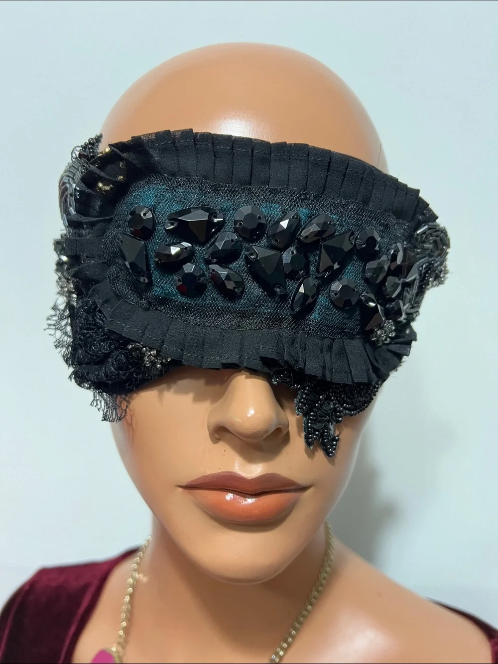 Black Beaded Lace Eye Mask - Elegant Sleep & Costume Accessory